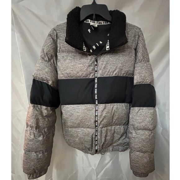PINK Victoria’s Secret Puffer Jacket Size Small Gray Black Colorblock Rare - Picture 3 of 7